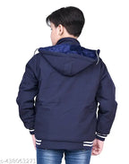 Solid black cotton blend jacket with printed net pattern for boys, perfect for outdoor adventures