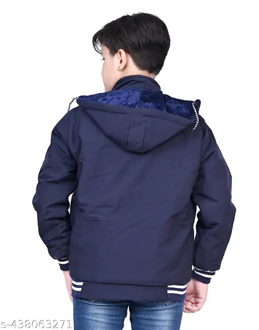 Solid black cotton blend jacket with printed net pattern for boys, perfect for outdoor adventures