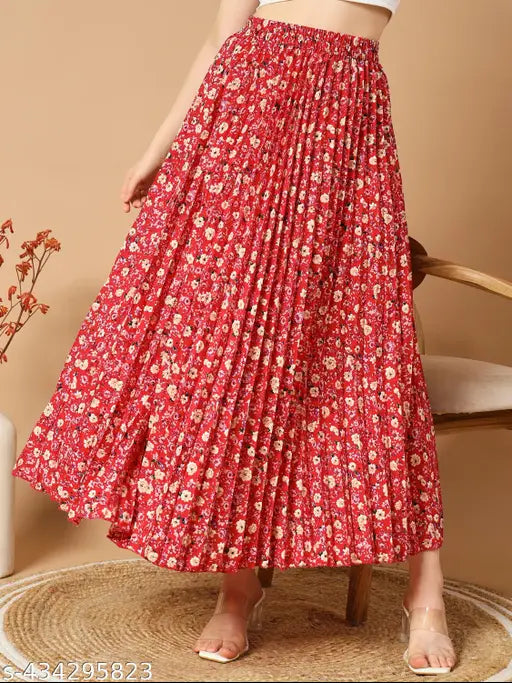 Floral long pleated skirt, women's western wear maxi skirts