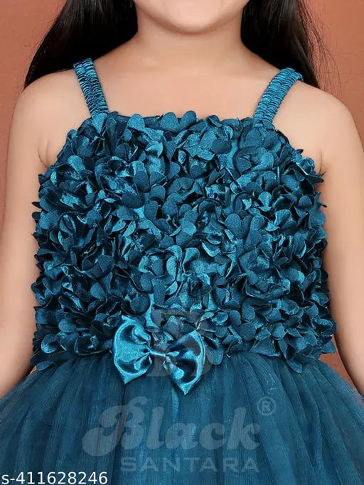 Baby girl's formal dress, navy blue ruffle top and bow embellishment