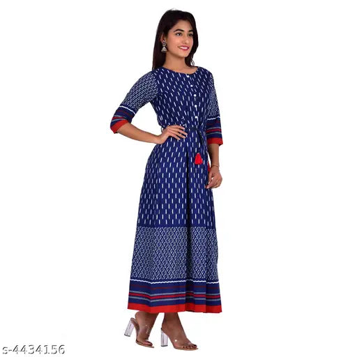 Stylish cotton Anarkali kurti with rayon bottomwear, dyed/washed, three-quarter sleeves, S-XXXL, Indian origin