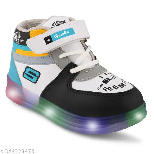 Black, white and blue casual kids' shoes with LED lighting in Velcro closure style for outdoor sports