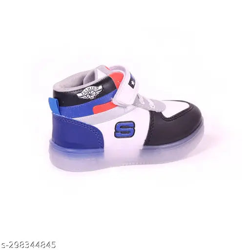 Synthetic TPR kids' LED light shoes for boys, printed net design, fastening with Velcro, comfortable and trendy, size options available, made in India