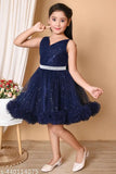 Blue sparkly dress with ruffle trim, party wear for girls