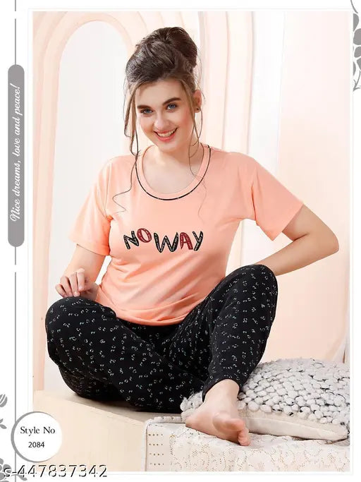 Printed Night Suit: Women's cotton T-shirt dress and pyjama set in vibrant hosiery fabric, featuring trendy round neck, short sleeves, and eye-catching prints. Above knee length for versatile styling