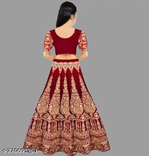 Red velvet lehenga choli with traditional embroidery, best for kids' party wear, velvet & net fabric