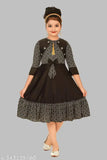 Black print dress, knee length, short sleeve, ruffled hem