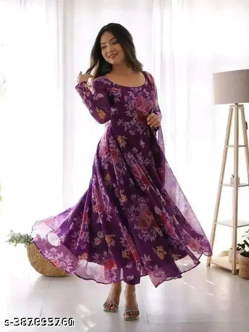 Georgette Anarkali Kurti with printed design and lace-edged dupatta - traditional Indian wear for women (size S-XXL)