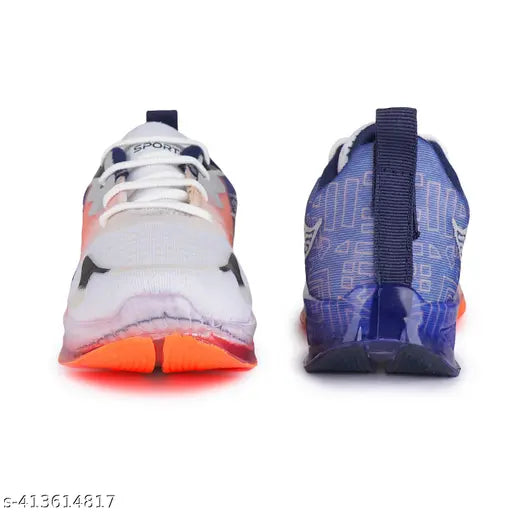 Athletic shoes for children, white and blue with red accents, Nike branding