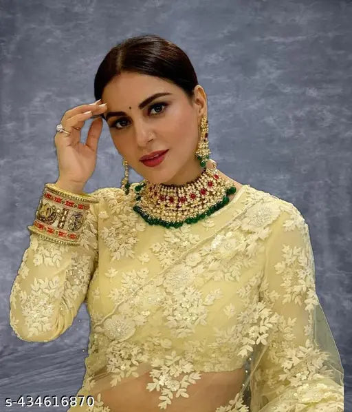 New yellow soft net Bollywood embroidery and pearl work saree with chikankari cut work, for women, 5.5m length