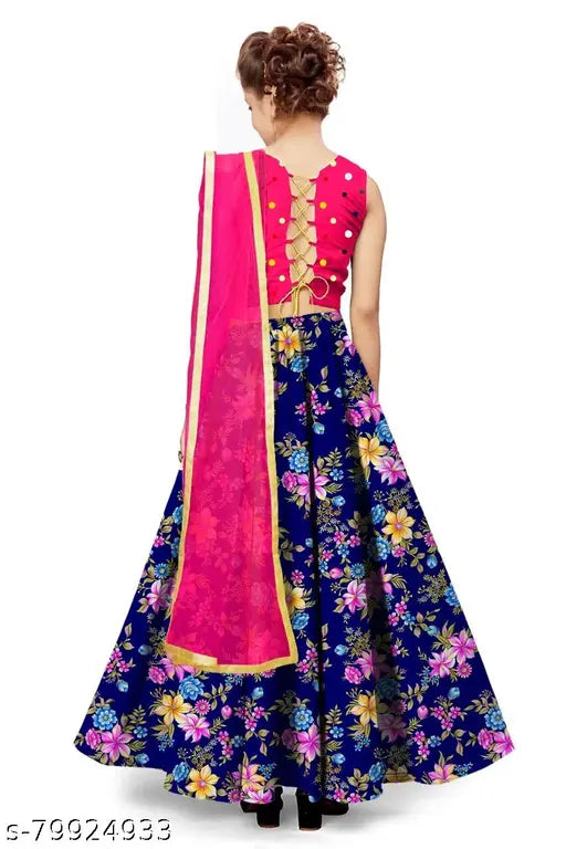 Kids satin lehenga set with net dupatta, floral print, sleeveless, India origin, size 4-10 years