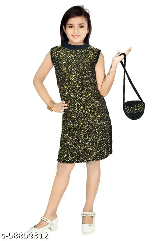 Black sequined party dress with spaghetti straps, gold clutch