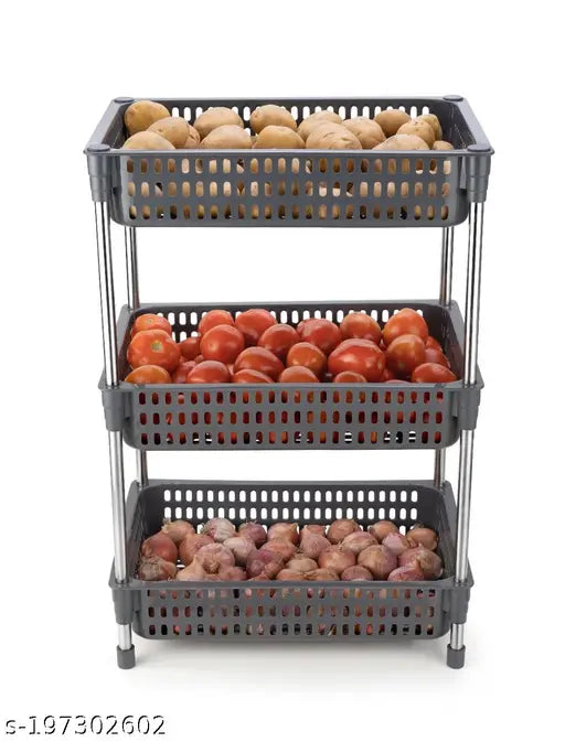 Brown plastic tiered shelf containing various fruits and vegetables, 3-tiered storage in kitchen