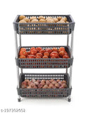 Brown plastic tiered shelf containing various fruits and vegetables, 3-tiered storage in kitchen