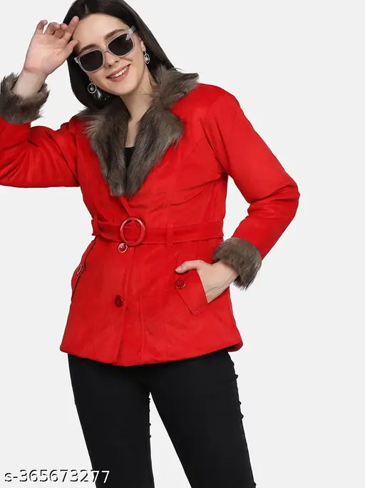 Red velvet women's winter jacket with fur collar, long sleeves, belted and buttoned closure. Imported velvet fabric, two pockets, gentle wash recommended. Size chart in inches