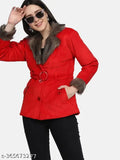 Red velvet women's winter jacket with fur collar, long sleeves, belted and buttoned closure. Imported velvet fabric, two pockets, gentle wash recommended. Size chart in inches