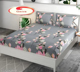 White Glace Cotton floral fitted double bedsheet with 2 pillow covers, ideal for summer