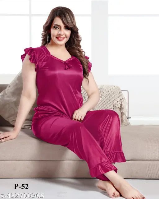 Cherry satin nightsuit shirt & pyjamas, stylish sleepwear for women in vibrant color