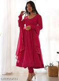 Diwali Designer Pink Lehenga Gown (Georgette, Long Sleeves, Embroidered), Indian craftsmanship with 2m dupatta, available in S-XXL sizes
