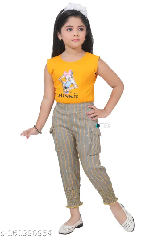 A vibrant yellow crop top and striped pants set for young girls, casual wear