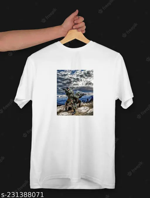 White printed Indian soldiers design round neck half-sleeve t-shirt for men/boys, polyester fabric on model
