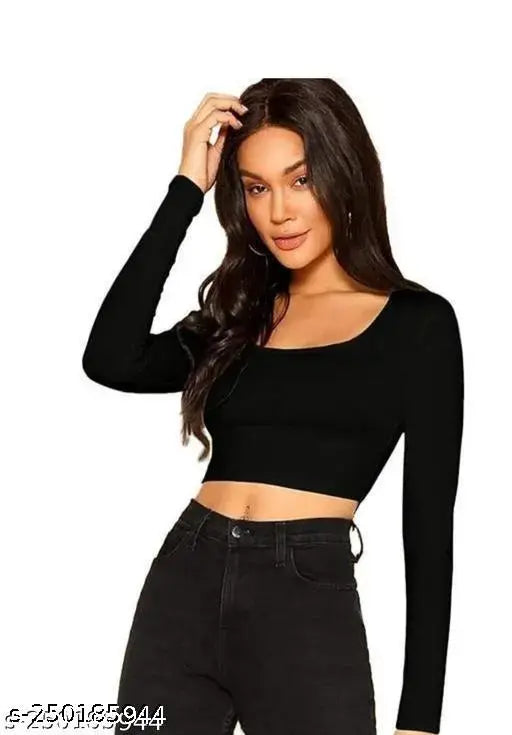 Cotton blend long sleeve top, black solid style for women's fashion, India origin