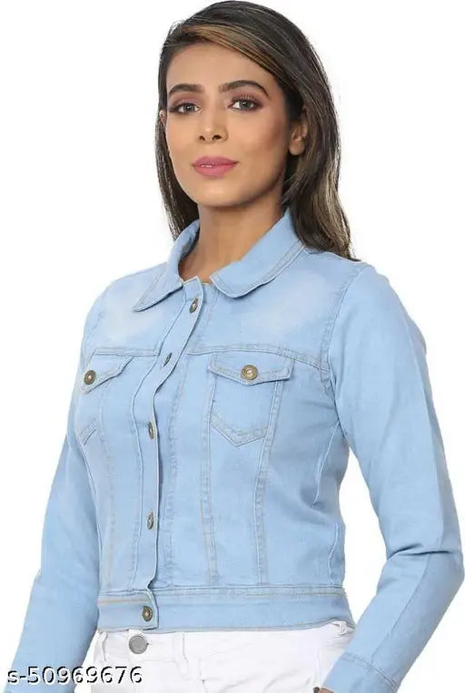 Light blue denim women's full sleeve self-design jacket for casual, outing, and office wear (S, M, L, XL). Classic denim fabric with closure button, ideal for stylish layering. Indian origin