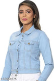 Light blue denim women's full sleeve self-design jacket for casual, outing, and office wear (S, M, L, XL). Classic denim fabric with closure button, ideal for stylish layering. Indian origin