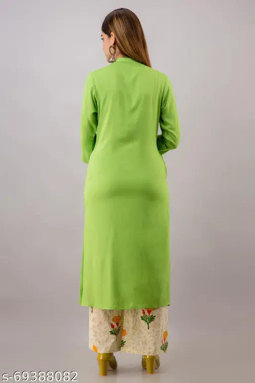 Rayon A-line kurta with printed Palazzos - Solid color, one-sided pocket, Indian ethnic wear