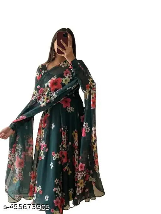 Stylish sensational long dress with floral design, sleeves, and V neck