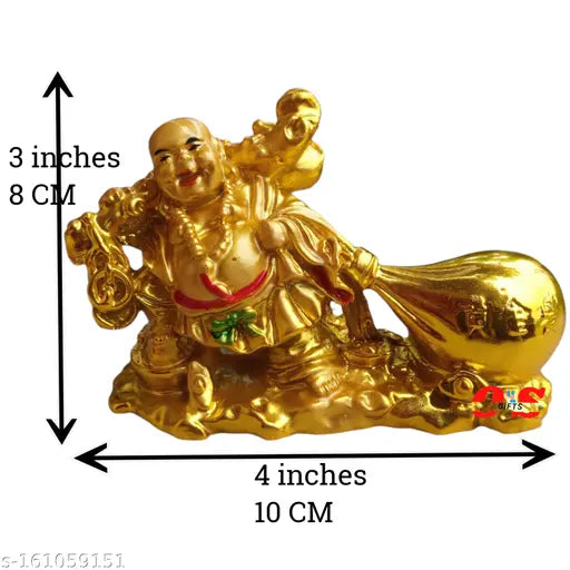 Gold Laughing Buddha with Money Potli for wealth and business (Vastu/Feng Shui) by OM SAI GIFTS, 8cm x 10cm x 6cm, Indian craftsmanship