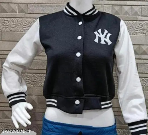 Black fleece crop NY bomber jacket for women, XS-L, India-made
