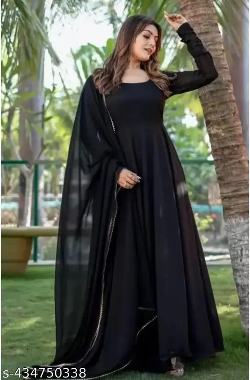 Black Georgette Anarkali gown with dupatta, long-sleeve round neck, women's party wear, India origin