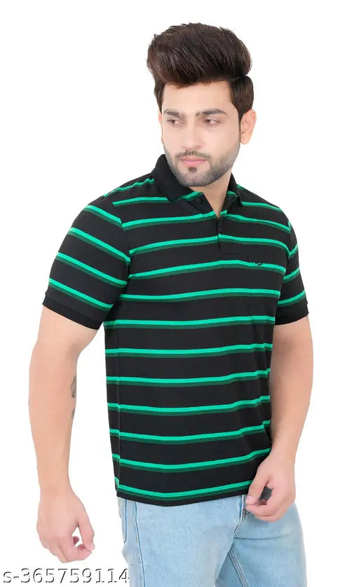 Breathable polyester striped polo T-shirt, cuffed sleeves, chest pocket - men's summer wear from EMBRO