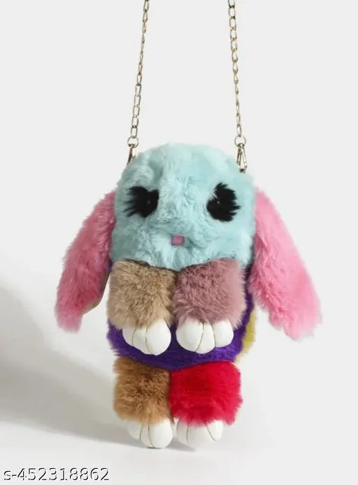 Rabbit cross body sling bag, pastel blue, black, white, pink, and purple fur