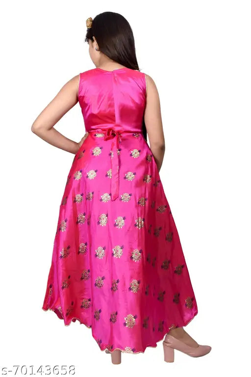 Pink Indo-Western net maxi gown for girls, exquisitely embroidered, ideal for parties or weddings