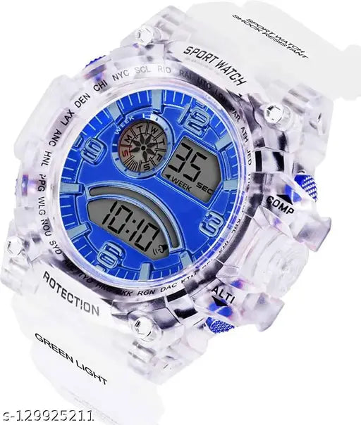 Blue and white digital watch with color dials and sporty design