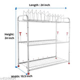 Three-tier stainless steel kitchen dish rack, 24x24 inches