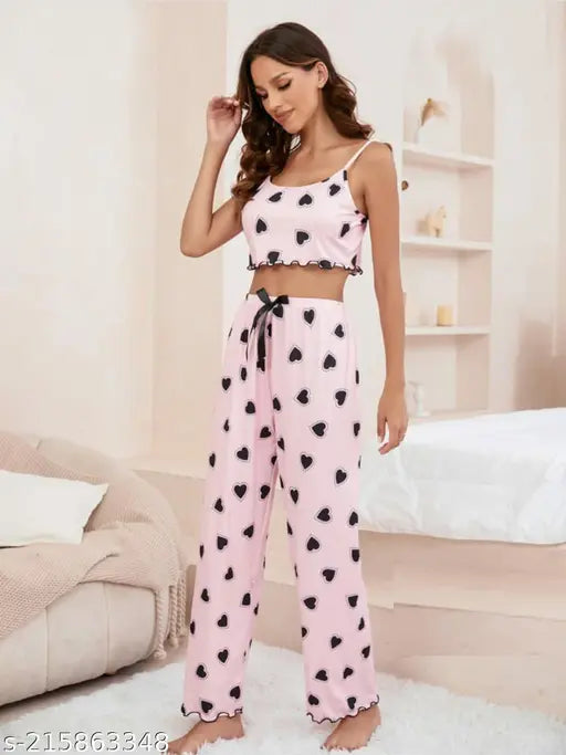 Multicolor printed satin crop top & pyjama set, solid multicolor digital heart print for women's nightwear