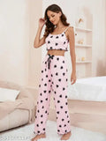 Multicolor printed satin crop top & pyjama set, solid multicolor digital heart print for women's nightwear