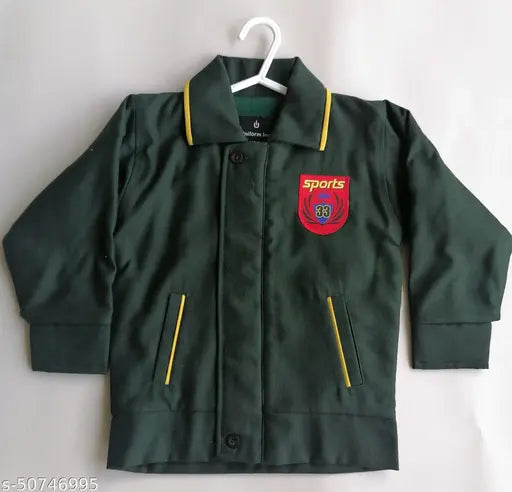 Dark green jacket with yellow piping and Sports emblem on left chest area