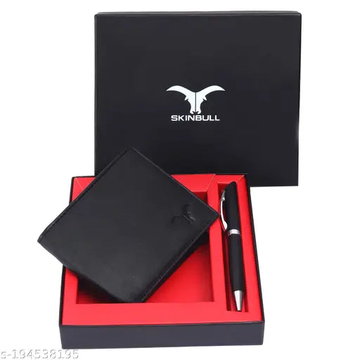 Black top-grain leather wallet with RFID protection and pen combo for men. High-quality craftsmanship, compact size, and 2 compartments. Ideal gift for any occasion