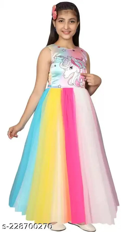 Multicolor unicorn printed net gown for girls party wear, stylish Kittyfashion design, suited for various occasions like Diwali, Christmas. Size: 4-5 years (bust 23 in, length 30 in). Indian origin