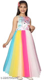 Multicolor unicorn printed net gown for girls party wear, stylish Kittyfashion design, suited for various occasions like Diwali, Christmas. Size: 4-5 years (bust 23 in, length 30 in). Indian origin