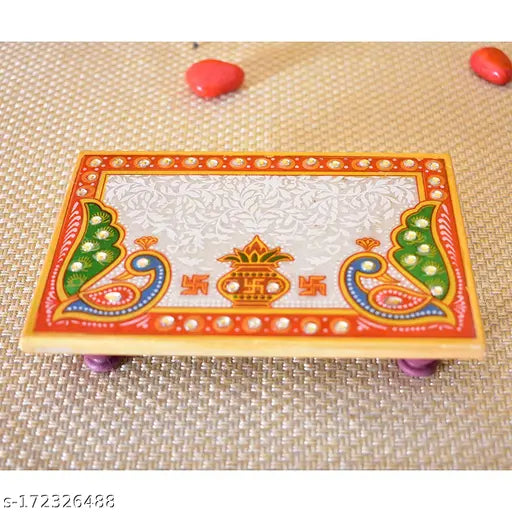Multicolor Rajasthani Meenakari Marble Laxmi Ganesh Ji Statue Set for Diwali Puja, intricate peacock design on chowki, 14cm x 9cm x 10cm dimensions