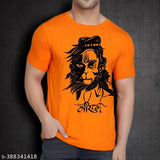 Round neck, unisex Hindutva Hanuman Ji polyester T-shirt. Soft, lightweight, and comfortable clothing in vibrant print. Eco-friendly and skin-friendly