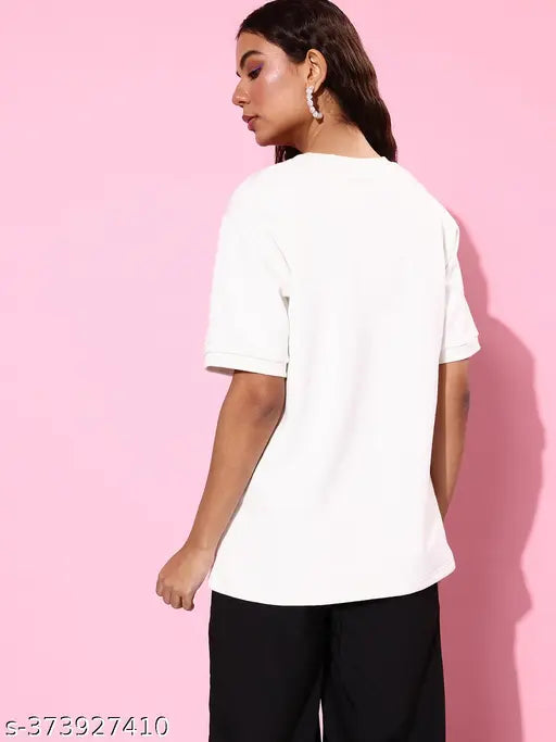 White cotton oversized sweatshirt, short sleeves, solid pattern, women's wear, fashionable lounge apparel from India