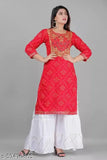 Red rayon bandhani print kurta with sharara