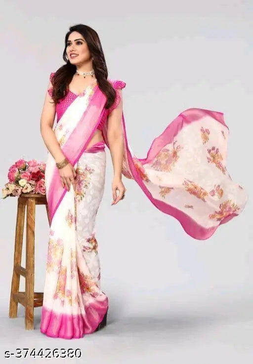White and gold printed chiffon saree with running blouse, India-made fancy saree for traditional wear