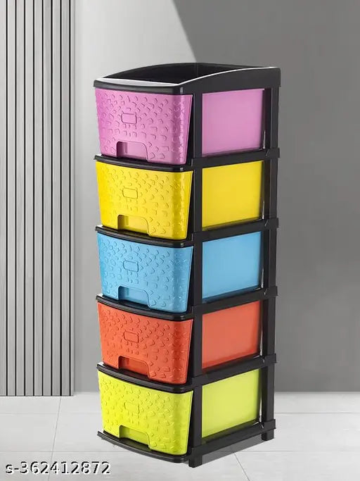 Multi-colored organizer system with five compartments, suitable for storing a variety of items such as saree dress, kids clothes, toys, books, files, shoes, and more